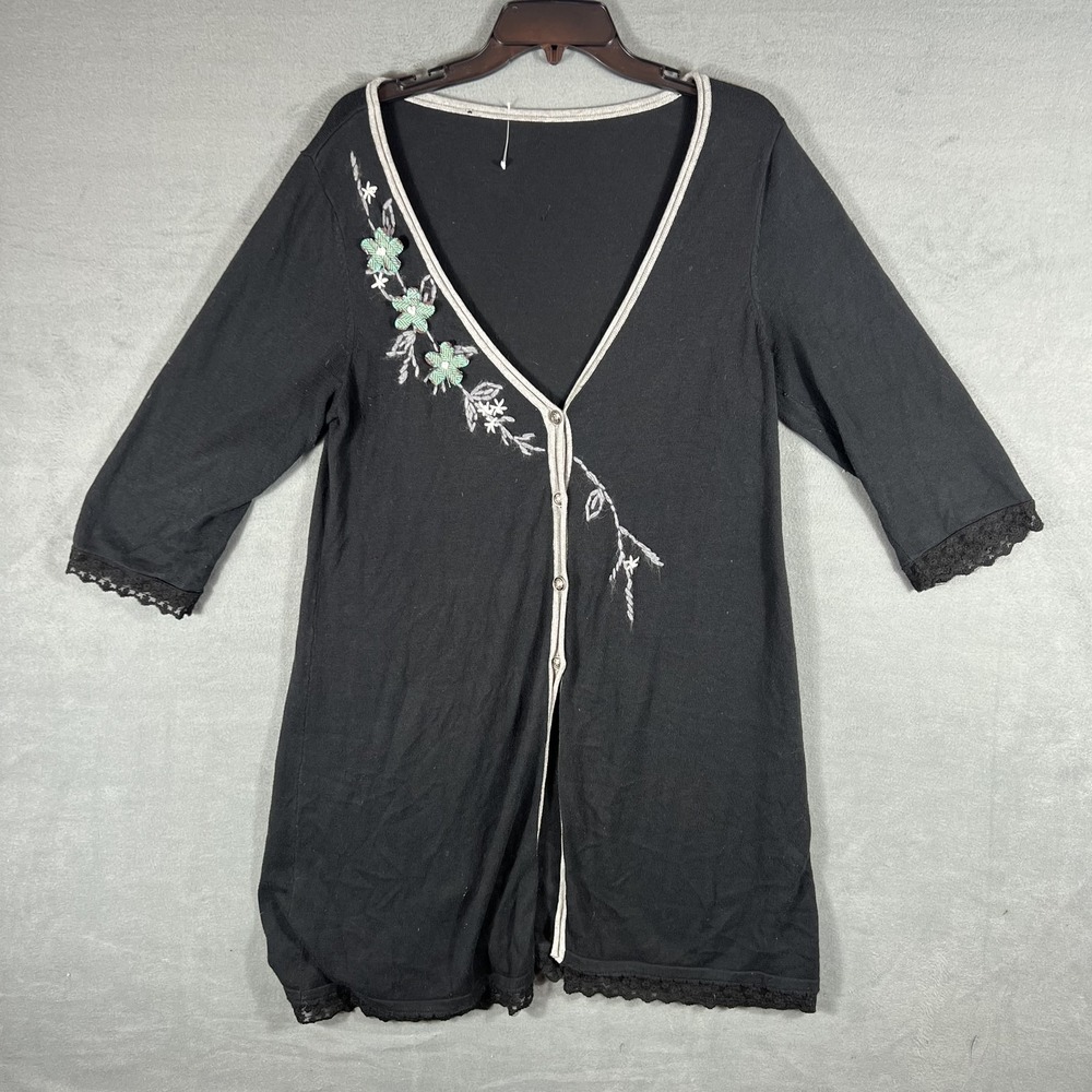 Women's Black Cardigan‎ Sweater Embroidered Floral Lace Trim 3/4 Sleeve V-Neck